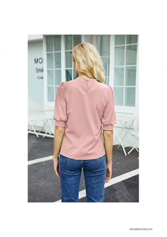 Ulizozca Women's Puff Short Sleeve Solid Keyhole Back Pullover Blouse Tops