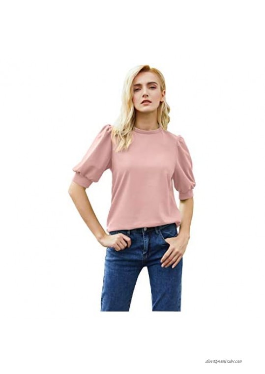 Ulizozca Women's Puff Short Sleeve Solid Keyhole Back Pullover Blouse Tops