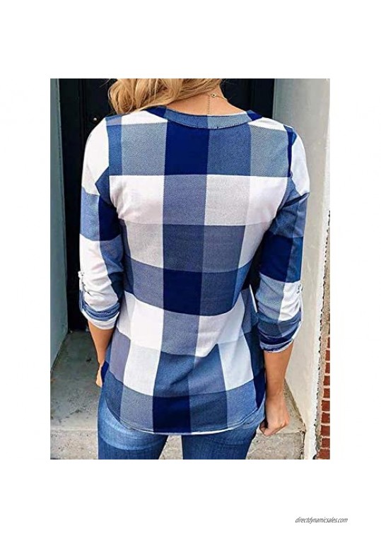 Uusollecy Women's Long Sleeves Shirts Casual V-Neck Blouses Roll Up Sleeve Shirt Tunic Tops