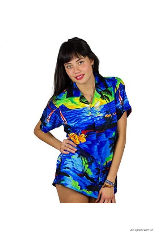 V.H.O. Funky Hawaiian Blouse Shirt Women Very Loud Shortsleeve Casual Front Pocket Button Down Surf Print