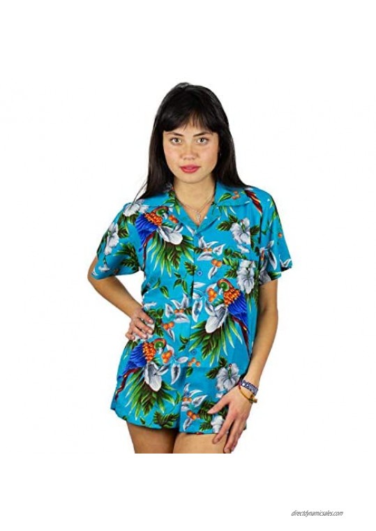V.H.O. Funky Hawaiian Blouse Women Short-Sleeve Front-Pocket Cherry Parrot Multiple Colors