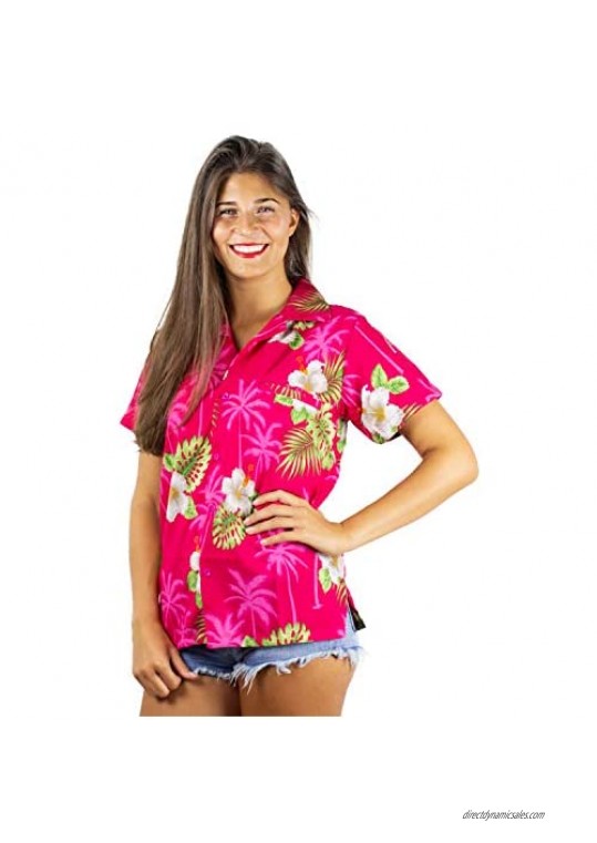 V.H.O. Funky Hawaiian Shirt Blouse Women Shortsleeve Frontpocket Hawaiian-Print Leaves Flowers Allover Unisex