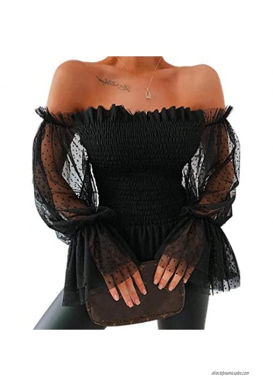 Women Sexy Off Shoulder Blouse Mesh Flare Sleeve Shirts Summer Fashion Sheer Long Sleeve Lace Frill Blouser Tops