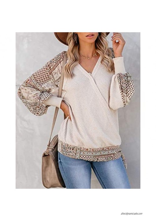 Womens Boho Patchwork Blouse Tops Waffle Knit Wrap Cross Puff Sleeve Tie Knot V Neck Summer Shirts