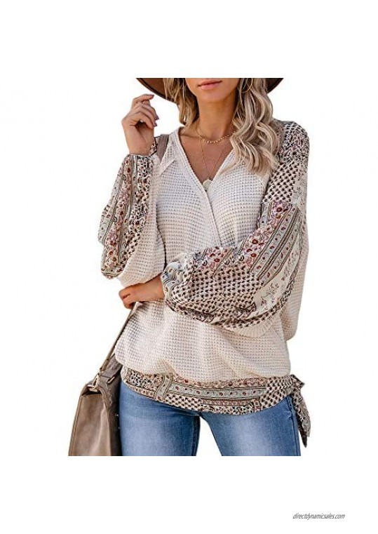 Womens Boho Patchwork Blouse Tops Waffle Knit Wrap Cross Puff Sleeve Tie Knot V Neck Summer Shirts