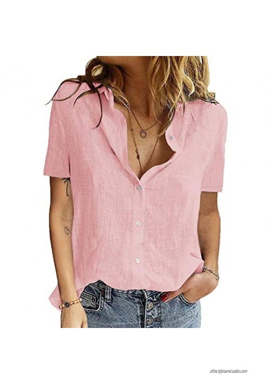 Womens Button Down Shirts Short Sleeve V Neck Linen Cotton Blouse Basic Simple Work Shirt Plain Tops