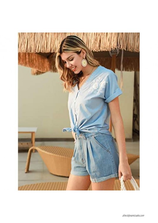 Women's Button-Down Shirts Short Sleeve V Neck Summer Tops Casual Blouses