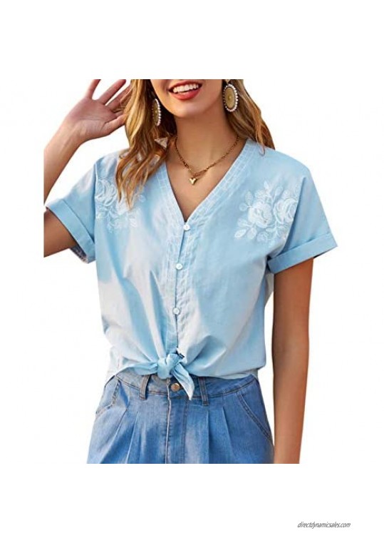 Women's Button-Down Shirts Short Sleeve V Neck Summer Tops Casual Blouses