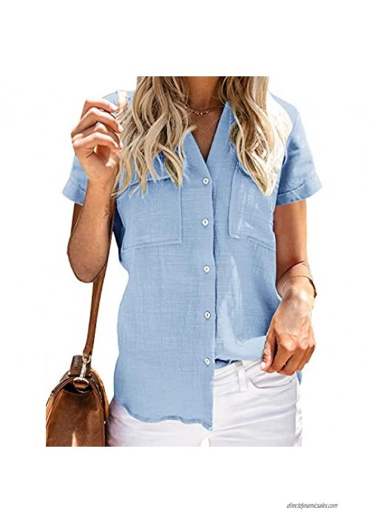 Womens Button Down V Neck Shirts Roll Up Short Sleeve Blouse Loose Fit Casual Work Plain Tops with Pockets