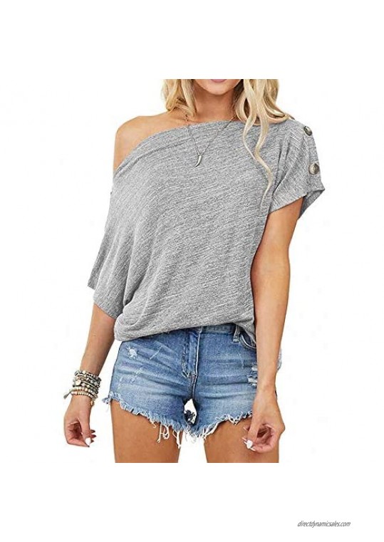 Women's Off Shoulder T Shirt Button Decoration Batwing Sleeve Tunics Blouse Casual Loose Tops
