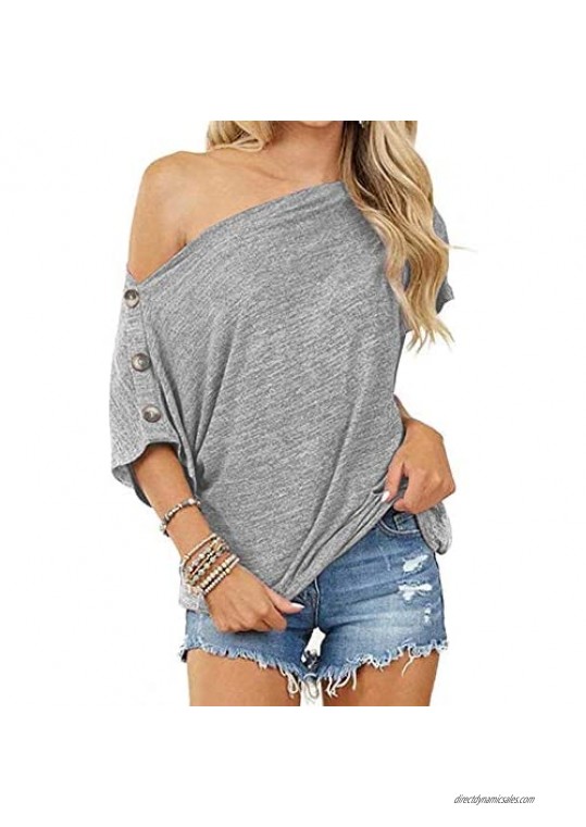 Women's Off Shoulder T Shirt Button Decoration Batwing Sleeve Tunics Blouse Casual Loose Tops