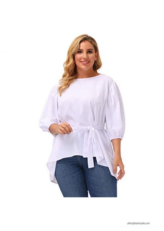 Women's Plus Size Puff Sleeve Belted Casual Work Peplum Blouse Shirts Tops
