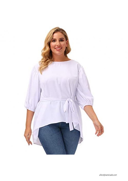 Women's Plus Size Puff Sleeve Belted Casual Work Peplum Blouse Shirts Tops