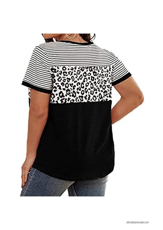 Womens Plus Size Tops Summer Short Sleeve Striped Color Block Shirts Loose Casual T Shirt