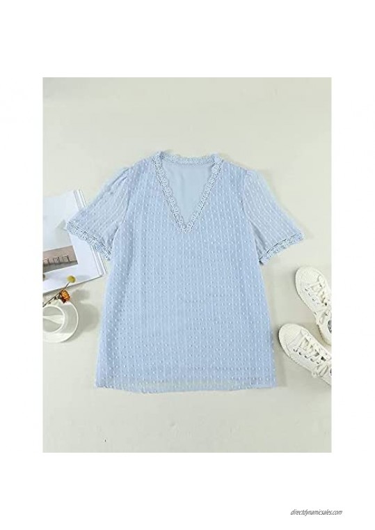 Women's Puff Sleeve Tops V-Neck Pom Pom Lace Crochet Blouses Short Sleeves T-Shirts Tunic Top