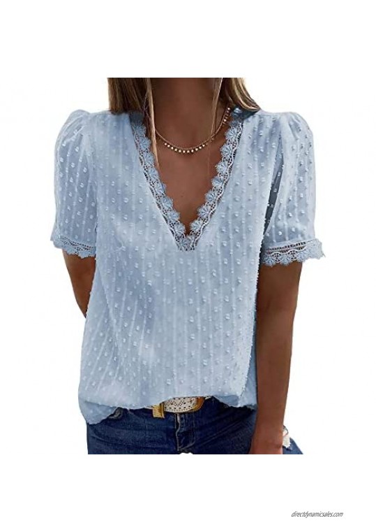 Women's Puff Sleeve Tops V-Neck Pom Pom Lace Crochet Blouses Short Sleeves T-Shirts Tunic Top