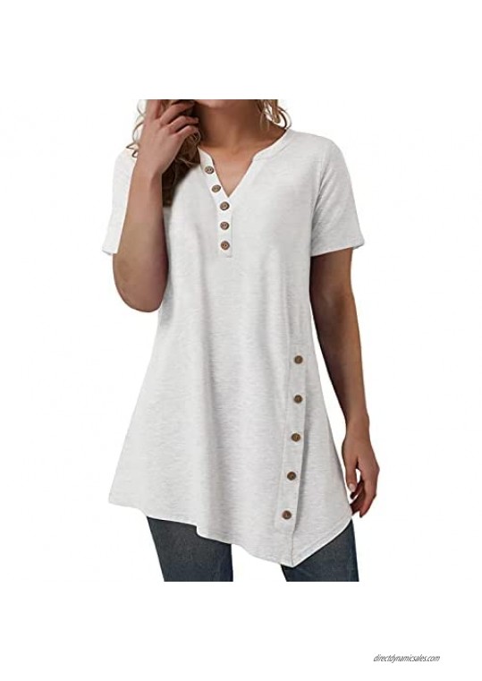 Women's Short Sleeve V Neck T Shirt Button Side Tunic Tops Blouse Asymmetrical Shirt Top