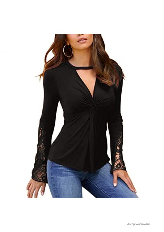 YOINS Women Sexy Long Sleeve Tops Slimming Lace Trimming Shirts See Through Blouses Solid Tunic Cut Out T Shirts