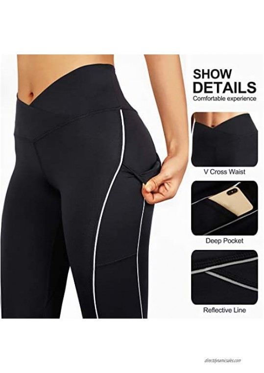 RUUHEE Women V Cross Waist Reflective High Waisted Crossover Leggings with Pockets Yoga Pants