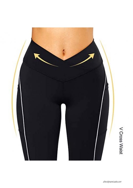 RUUHEE Women V Cross Waist Reflective High Waisted Crossover Leggings with Pockets Yoga Pants