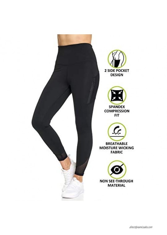 Women's Active Pants- Leggings with Mesh & Pocket on Back & Sides Tummy Control