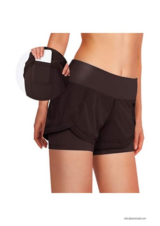 Soothfeel Womens Workout Running Shorts with Liner 2 in 1 Athletic Sports Shorts with Phone Pocket- 3 inches