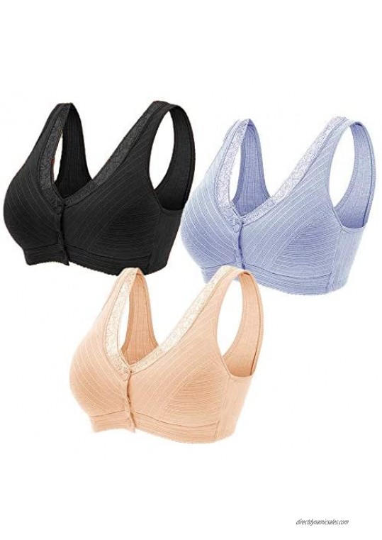 3Pack Everyday Cotton Snap Bras - Women's Front Easy Close Builtup Sports Push Up Bra with Padded