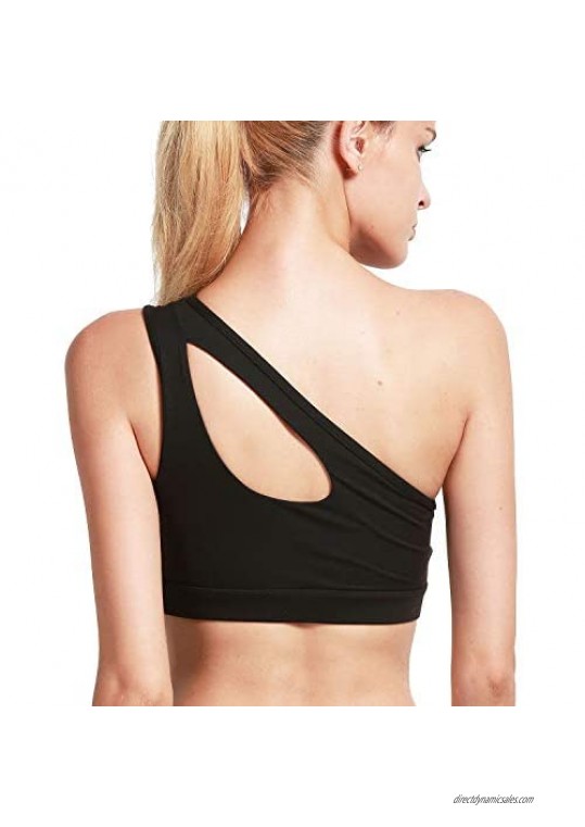 Enjoyoself Womens Sexy One Shoulder Sports Bra Workout Crop Tops Yoga Bra Medium Support for Running Athletic Fitness