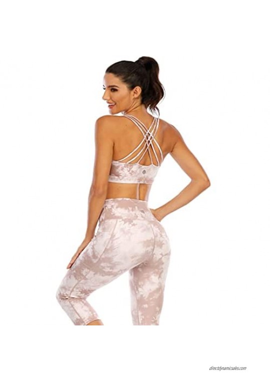 PARWIN Women’ Strappy Sports Bras High Impact Wirefree Padded Yoga Bras Printed Crisscross Bras