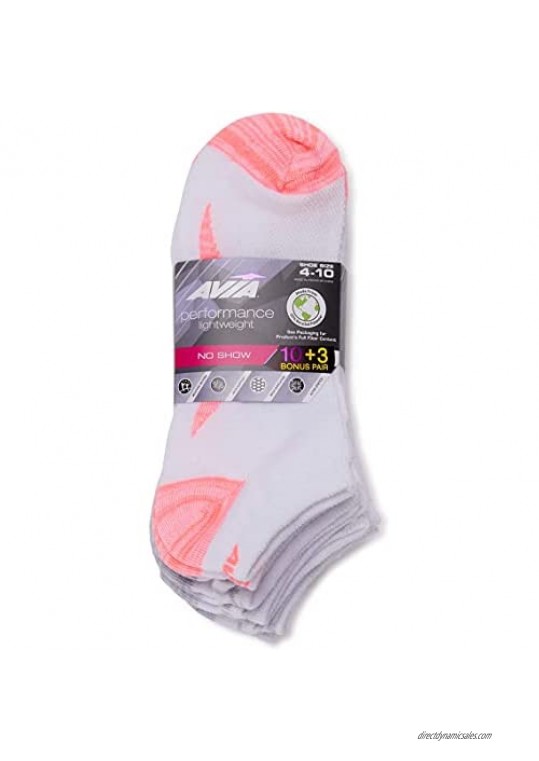 Avia Women’s Performance Lightweight NO SHOW Socks (White/Pink Sock Size 9-11; Shoe Size 4-10)