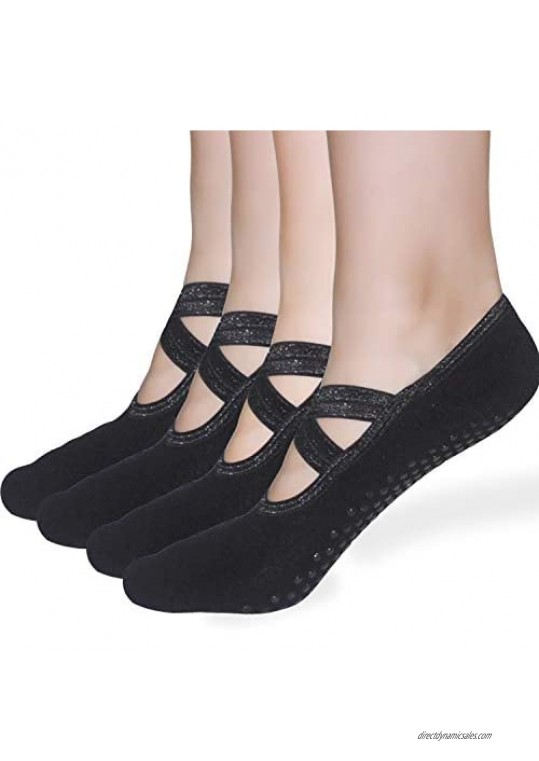 Sticky Pilates Barre Yoga Socks - Elutong 4 Pack Non Slip Skid Straps with Grips Ballet Dance Socks for Women