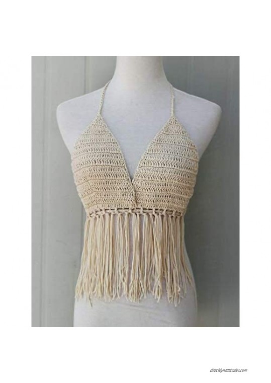 Fringe Bikini Halter Crop Top Handmade Crochet Swimsuit Summer Beachwear