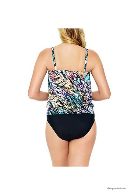 Penbrooke Women's Swimwear Color Blaze Shirred Neck Blouson Underwire Bra Tankini Top