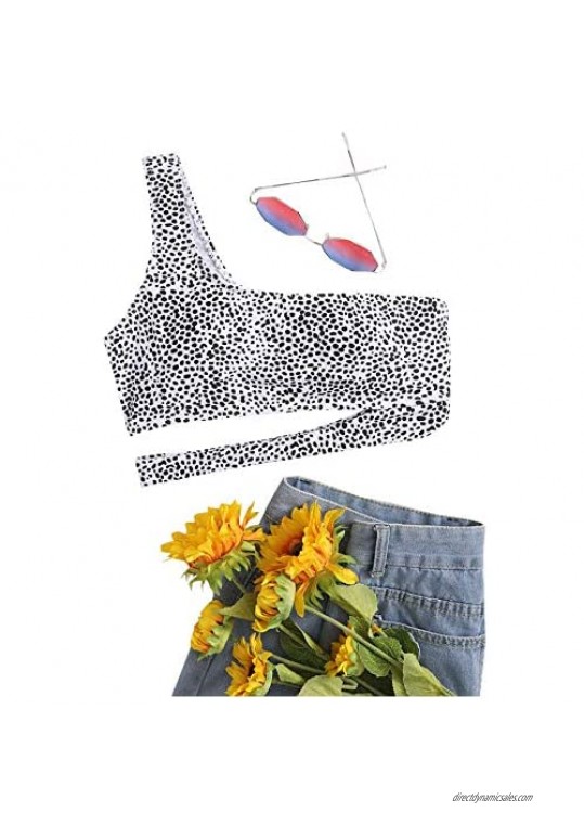 SheIn Women's Dalmatian Print Cut Out Bikini Top One Shoulder Wireless Swimsuit Tops