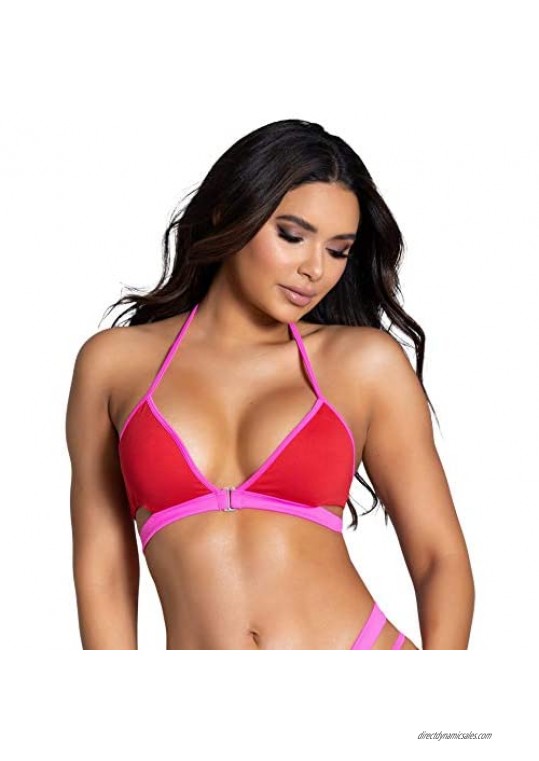 Yandy Swimsuit Bikini Top with Red Triangle Cups Pink Band Strappy Back and Front Hook Closure