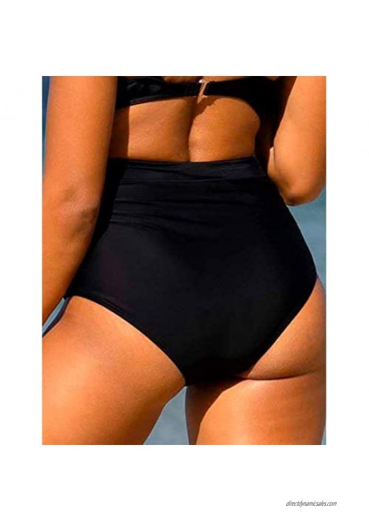 Firpearl Women's Retro High Waisted Bikini Bottoms Shirred Tankini Briefs Tummy Control Swim Shorts