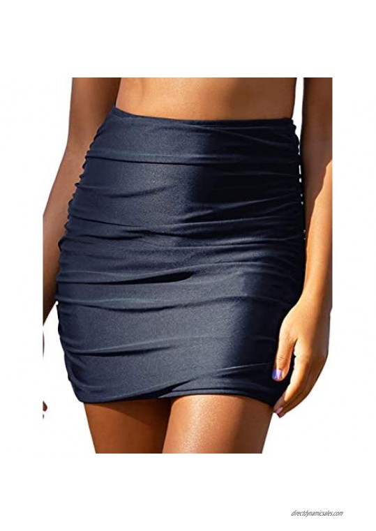Hilor Women's Shirred High Waisted Swim Skirt Skirted Bikini Bottom Tummy Control Swimwear Bottom