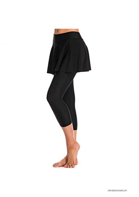 Labelar Women's Skirted Swim Capris Sun Protective Active Swimming Skirt with Leggings Tights
