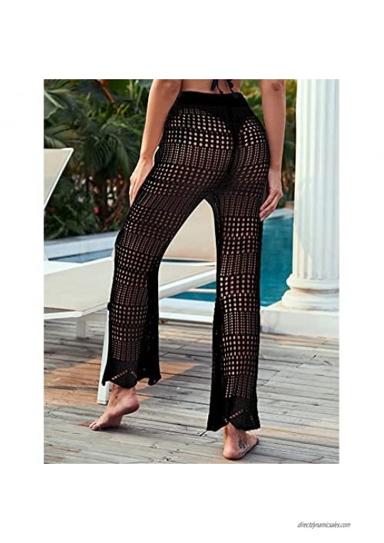 LOMON Women Cover Up Pants Crochet High Waist Pants Mesh Bikini Bottom Beach Bathing Suit