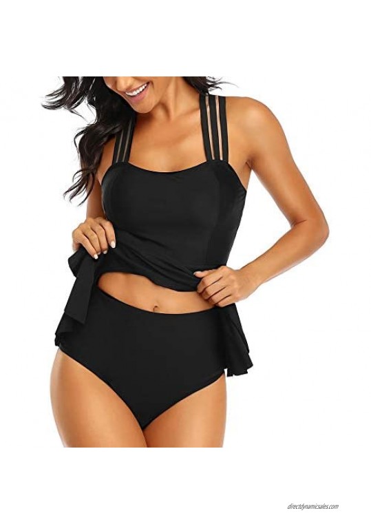 MAIYONGYI Womens Mesh Bathing Suits Tummy Control Printed Two Piece Tankini Swimsuits Ruffled Swimwear Black M