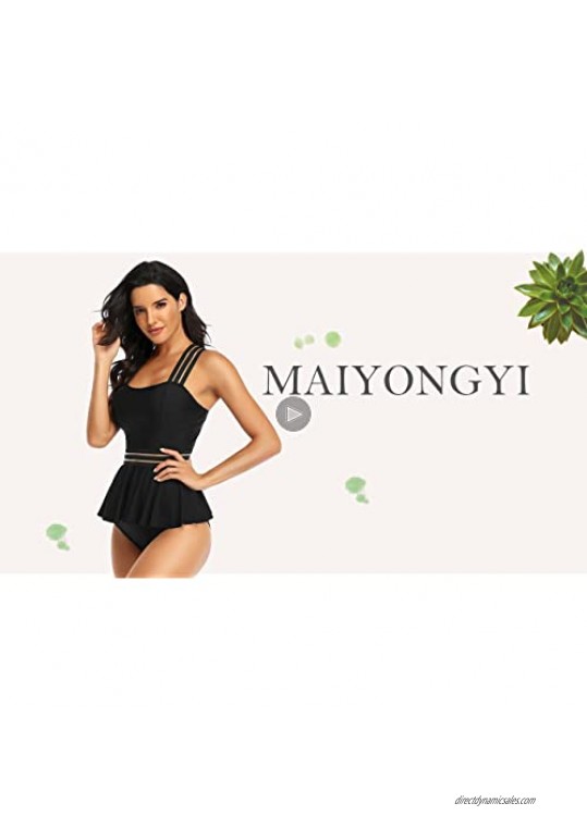 MAIYONGYI Womens Mesh Bathing Suits Tummy Control Printed Two Piece Tankini Swimsuits Ruffled Swimwear Black M