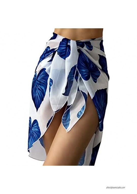 Milumia Women's 2 Packs Leaf Print Bikini Panty and Asymmetrical Cover Up Beach Skirt Set