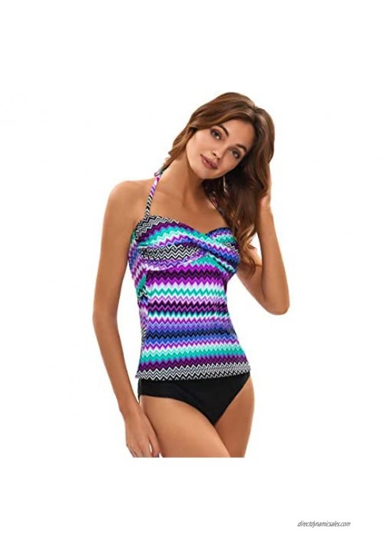 Teenhi Women Halter V-Neck Tankini Swimsuits Retro Printed Tank Top with Tribal Bottoms Plus Size