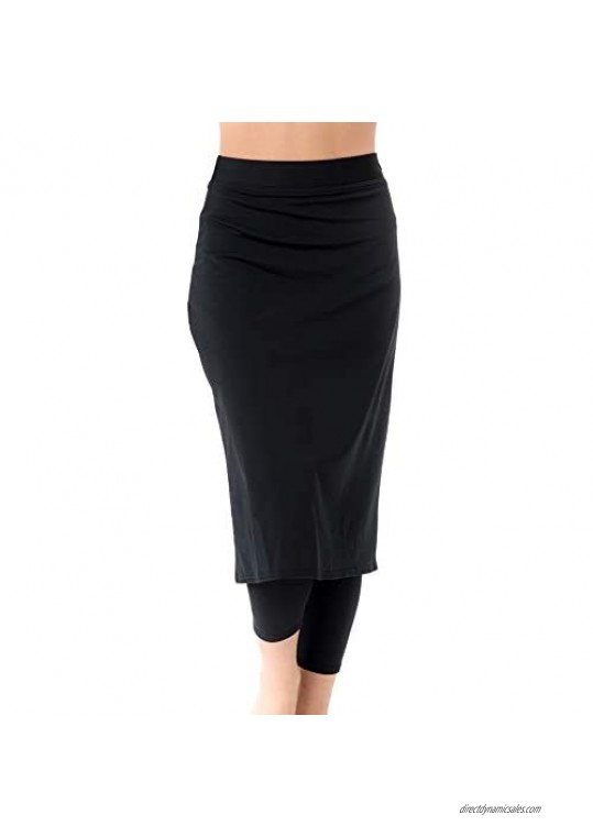 Undercover Waterwear Women’s High Waisted Swim Skirt with Attached Leggings- UPF 50+ Cover Up Swim Skirt with Capris Inserted