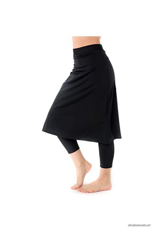 Undercover Waterwear Women’s High Waisted Swim Skirt with Attached Leggings- UPF 50+ Cover Up Swim Skirt with Capris Inserted
