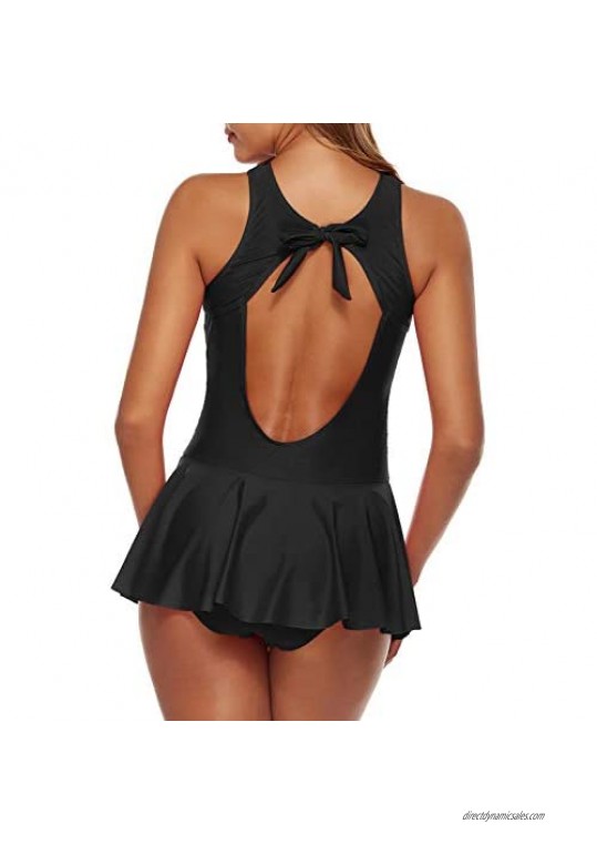 Urchics Womens Two Piece Tankini Swimdress Mesh Plunge Ruched Bathing Suit