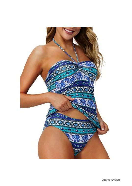 Womens Halter Tankini Swimsuits Bandeau Tankini Top High Waisted Bikini Bottom Two Piece Tummy Control Bathing Suits