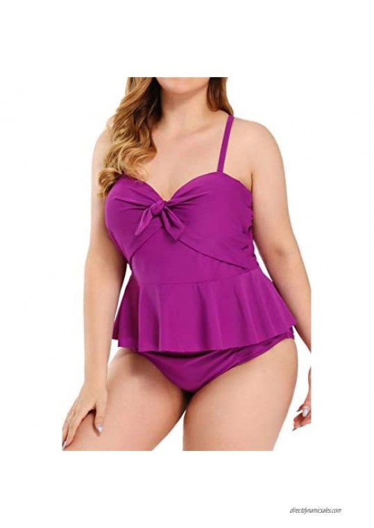 Women's Plus Size Tankini Set Ruffle Underwire Swimsuit Tummy Control Swimwear (B01 Purple 2XL)