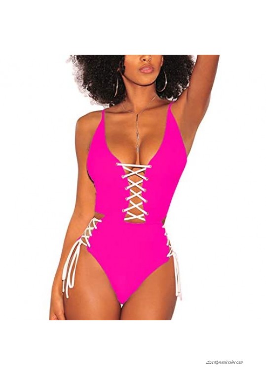 Almaree Women's Spaghetti Strap Criss Cross Lace Up One Piece Swimsuits Swimwear
