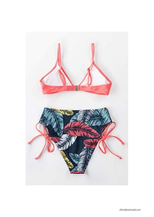CUPSHE Women's Bikini Swimsuit High Waist Leaf Print Tie Side Two Piece Bathing Suit